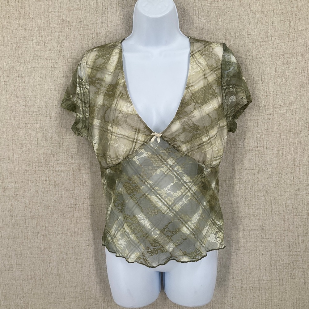 Fairycore Mesh Top Women XL Green Lace Y2K Grunge Boho Babydoll Airy Earthy